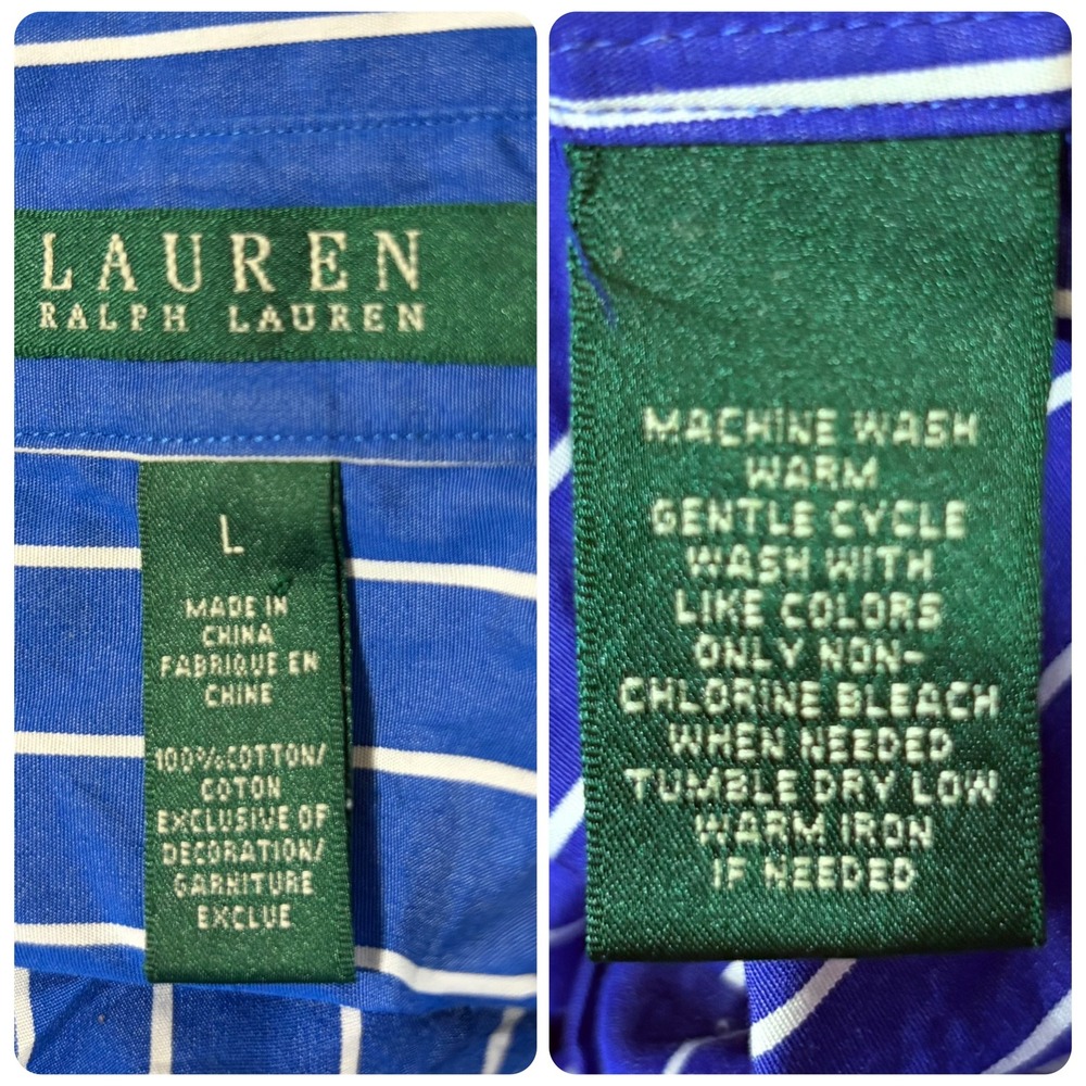 90s Y2K Lauren Ralph Lauren Striped Monogram Shirt L Blue White Cotton Top - Picture 8 of 8
